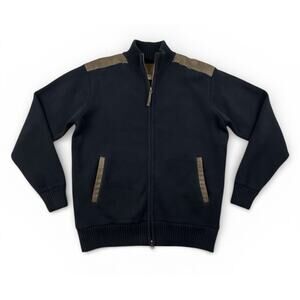 North River Sweater Jacket Mens M Full Zip Black Beige Suede Shoulder Lined